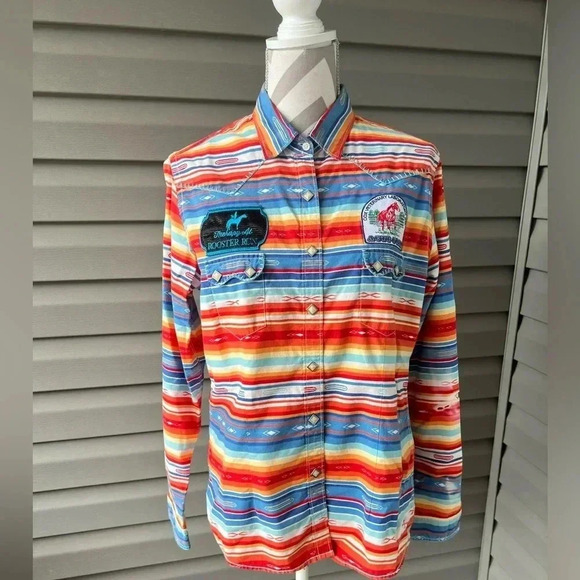 Panhandle Rough Stock Tops - Panhandle Rough Stock Texas Striped Country Cowgirl Button Up Long Sleeve Sz L